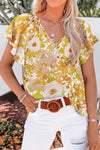 Floral V-Neck Flutter Sleeve Blouse