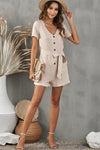 V-Neck Short Sleeve Tie Belt Romper with Pockets