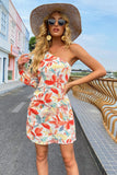 Printed One-Shoulder Drawstring Mini Dress