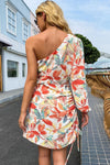 Printed One-Shoulder Drawstring Mini Dress