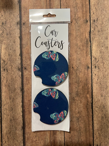 Navy with butterflies Car Coasters